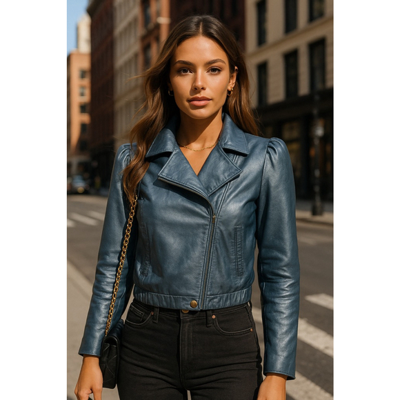 bagatelle Jackets & Blazers - Vintage Bagatelle Leather Jacket Metallic Blue Cropped Moto Retro Scandi City